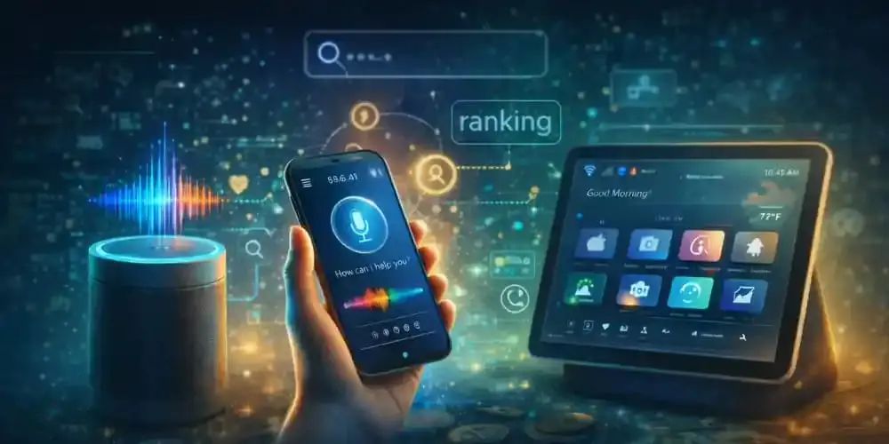 Smart speaker, smartphone, and smart display showing voice search features and SEO ranking elements.