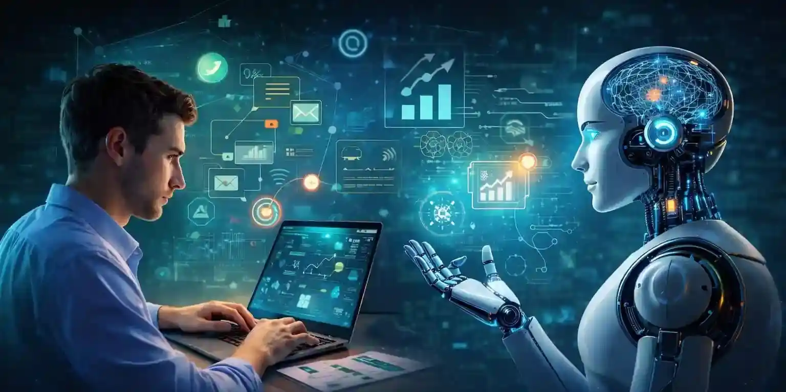 A Best freelance digital marketer working on a laptop while an AI robot analyzes marketing data beside him